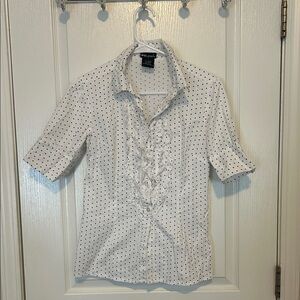 Wet Seal White Polka Dot Ruffle Front Blouse
